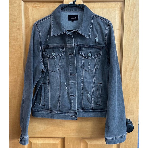 EUC, Risen Women’s Black Distressed Jean Jacket Sz Large - Picture 1 of 12